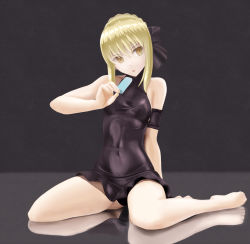 Rule 34 | 1girl, absurdres, arm behind back, arm garter, artoria pendragon (all), artoria pendragon (fate), bare legs, barefoot, black one-piece swimsuit, blonde hair, bow, derivative work, fate/stay night, fate (series), feet, food, full body, hair bow, head tilt, highres, holding, official alternate costume, one-piece swimsuit, open mouth, popsicle, reflection, reflective floor, saber (fate), saber alter, short hair, simple background, sitting, solo, swimsuit, taka (takahirokun), wariza, yellow eyes