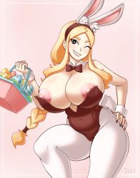 Rule 34 | 1girl, animal ears, areola slip, arina, ass, bare shoulders, basket, blonde hair, bow, bowtie, braid, breasts, brown eyes, cleavage, covered navel, curvy, detached collar, dotil, easter egg, egg, eyeshadow, fake animal ears, grin, hand on own hip, highres, huge breasts, large areolae, leotard, long hair, looking at viewer, makeup, nail polish, nipple slip, nipples, one eye closed, original, pantyhose, playboy bunny, rabbit ears, rabbit tail, single braid, smile, solo, tail, thong leotard, white pantyhose, wide hips, wink, wrist cuffs