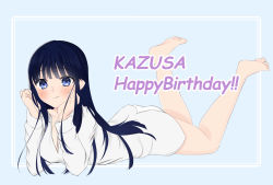 Rule 34 | aquaplus, arms up, ass, bare legs, barefoot, black hair, blue eyes, blush, breasts, cleavage, closed mouth, collarbone, feet, from side, full body, hair between eyes, hair over breasts, hair over shoulder, happy birthday, head on hand, highres, korato 25, large breasts, legs up, long sleeves, looking at viewer, lying, on stomach, open clothes, open pajamas, pajamas, raised eyebrows, sidelocks, smile, thick thighs, thighs, touma kazusa, variations, white album, white album (series), white album 2