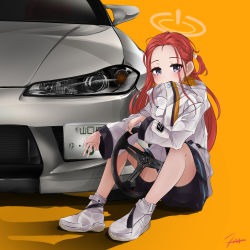 Rule 34 | 1girl, blue archive, blush, braid, car, commentary, english commentary, highres, hood, hooded jacket, jacket, long hair, long sleeves, motor vehicle, multicolored clothes, multicolored jacket, nissan, nissan s15 silvia, nissan silvia, nougat (73r1r1), one side up, orange background, parted bangs, purple eyes, red hair, shoes, simple background, sitting, sneakers, solo, steering wheel, white footwear, white jacket, yuzu (blue archive)