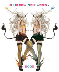 Rule 34 | 00s, 2009, animal ears, cow ears, cow tail, hands in pockets, highres, horns, long hair, navel, new year, sheepme, shorts, suspenders, tail, thighhighs