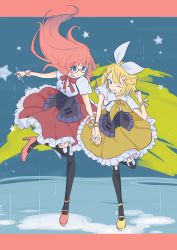 Rule 34 | 2girls, ;), absurdres, blonde hair, bow, corset, cross-laced clothes, cross-laced corset, dress, drop pop candy (vocaloid), frilled dress, frills, glasses, hair bow, highres, holding hands, kagamine rin, long hair, megurine luka, multiple girls, one eye closed, pink hair, ribbon, running, short hair, short sleeves, smile, star (sky), thighhighs, umbrella, uzumibi, vocaloid