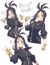 Rule 34 | 1girl, absurdres, black hair, black jacket, blush, breasts, clenched hand, creatures (company), cropped torso, dendra (pokemon), eitopondo, fingerless gloves, game freak, gloves, highres, jacket, large breasts, multiple views, nintendo, pointing, pointing at self, pokemon, pokemon sv, sidelocks, sleeves rolled up, spiked hair, sweatdrop, track jacket, v, yellow eyes, yellow gloves