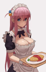 Rule 34 | 1girl, alternate costume, blue eyes, bocchi the rock!, breasts, cleavage, closed mouth, cube hair ornament, detached collar, enmaided, food, gotoh hitori, hair ornament, highres, holding, holding plate, ketchup, large breasts, looking at viewer, maid, maid headdress, omelet, omurice, plate, revision, simple background, solo, sweat, yellow background, zefrableu