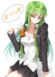 Rule 34 | 1girl, breasts, c.c., cleavage, code geass, cosplay, creayus, green hair, kantai collection, large breasts, miniskirt, simple background, skirt, smile, solo, suzuya (kancolle), suzuya (kancolle) (cosplay), twitter username, white background, yellow eyes