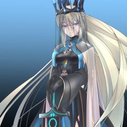 Rule 34 | 1girl, black bow, black dress, black veil, blue eyes, bow, braid, center opening, clothing cutout, crown, dress, excalibur morgan (fate), fate/grand order, fate (series), french braid, hand on hilt, highres, lipstick, long hair, looking at viewer, makeup, mentaiko mamire, morgan le fay (fate), morgan le fay (queen of winter) (fate), platinum blonde hair, solo, standing, stomach cutout, sword, two-tone dress, veil, very long hair, weapon