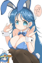 Rule 34 | 1girl, blue eyes, blue hair, blush, breasts, capelet, circlet, cleavage, closed mouth, commentary request, dragon quest, dragon quest iii, elbow gloves, gloves, large breasts, leotard, long hair, looking at viewer, naitou kouse, pantyhose, playboy bunny, sage (dq3), simple background, staff, white background, yellow gloves