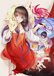 Rule 34 | 1girl, bandages, black hair, blood, fox, ghost, grin, j.lili, japanese clothes, knife, long hair, looking at viewer, miko, original, red eyes, smile, zombie