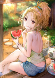 Rule 34 | 1girl, bare shoulders, blonde hair, bracelet, brown eyes, butt crack, denim, denim shorts, eating, food, fruit, grass, green shirt, holding, holding food, jewelry, kaguyuzu, licking lips, long hair, looking at viewer, looking back, original, outdoors, parted lips, plant, ponytail, porch, scrunchie, shirt, short shorts, shorts, sitting, solo, stepping stones, stone, tongue, tongue out, tree, watermelon, wiping face