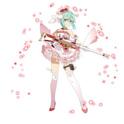 Rule 34 | 1girl, anti-materiel rifle, blue eyes, blue hair, bolt action, butler, closed mouth, dress, elbow gloves, full body, gloves, gun, hair between eyes, highres, holding, holding gun, holding weapon, layered dress, looking at viewer, official art, pgm hecate ii, pink dress, pink footwear, pink ribbon, ribbon, rifle, short dress, short hair, sidelocks, sinon, sleeveless, sleeveless dress, sniper rifle, solo, striped clothes, striped dress, sword art online, thigh strap, transparent background, two-tone dress, weapon, wedding dress, white dress, white gloves, white legwear