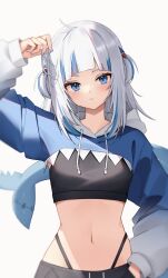 Rule 34 | 1girl, ahoge, animal costume, animal hood, blue eyes, blue hair, blue hoodie, blue nails, breasts, closed mouth, crop top, cropped hoodie, drawstring, fins, fish tail, gawr gura, hair ornament, hand in pocket, head tilt, highleg, highleg panties, highres, holding, holding own hair, hololive, hololive english, hood, hoodie, long hair, long sleeves, looking at viewer, midriff, multicolored hair, navel, panties, shark costume, shark girl, shark hair ornament, shark hood, shark print, shark tail, simple background, small breasts, solo, straight-on, streaked hair, tail, thomas 8000, tsurime, underwear, upper body, virtual youtuber, white background, white hair