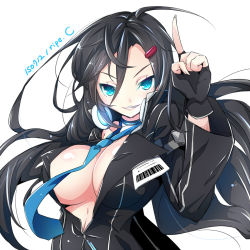 Rule 34 | 1girl, black hair, blue eyes, breasts, cleavage, cleavage cutout, closers, clothing cutout, female focus, fingerless gloves, gloves, highres, large breasts, long hair, looking at viewer, no bra, parted lips, ripe.c, simple background, smile, solo, upper body, yuri seo