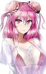 Rule 34 | 1girl, alternate costume, bandaged arm, bandages, bikini, bikini under clothes, blush, breasts, bun cover, cleavage, closed mouth, collarbone, double bun, hair between eyes, highres, ibaraki kasen, large breasts, looking at viewer, one-hour drawing challenge, pink eyes, pink hair, red bikini, see-through, shirt, sideboob, solo, sweat, swimsuit, touhou, underboob, upper body, wet, wet clothes, wet shirt, y2