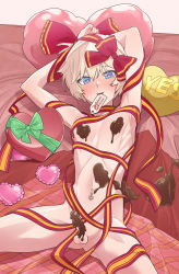 Rule 34 | 1boy, androgynous, ass, bed, blonde hair, blue eyes, box, candy, chocolate, chocolate heart, food, gift, gift box, heart, heart-shaped pupils, highres, homare nao, looking at viewer, lying, mubo, nail polish, naked ribbon, naughty face, navel, navel piercing, nude, on bed, piercing, pillow, presenting, red nails, ribbon, shiny skin, small penis, smile, solo, spread legs, symbol-shaped pupils, taimanin (series), taimanin rpgx, testicles, trap