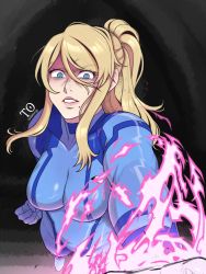 Rule 34 | 1girl, angry, artist name, blonde hair, blue eyes, bodysuit, breasts, clenched teeth, glaring, glowing, glowing hand, highres, metroid, metroid dread, mole, mole under mouth, nintendo, ponytail, pov, reaching, reaching towards viewer, samus aran, shaded face, solo, spoilers, tabletorgy, teeth, zero suit