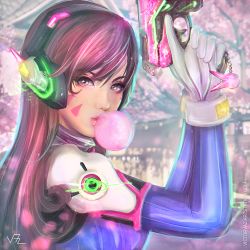 Rule 34 | 1girl, animal print, bodysuit, bracer, breasts, brown eyes, brown hair, blowing bubbles, charm (object), cherry blossoms, chewing gum, d.va (overwatch), facepaint, facial mark, from side, gloves, glowing, gun, handgun, headphones, high collar, holding, holding gun, holding weapon, lips, long hair, looking at viewer, looking to the side, medium breasts, nose, outdoors, overwatch, overwatch 1, pilot suit, pink lips, pistol, rabbit print, ribbed bodysuit, shoulder pads, signature, skin tight, solo, swept bangs, tree, trigger discipline, upper body, victor vaz, watermark, weapon, web address, whisker markings, white gloves
