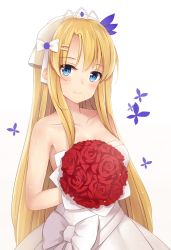Rule 34 | 1girl, armpits, bare shoulders, blonde hair, blue eyes, bouquet, bow, bug, butterfly, closed mouth, collarbone, dress, flower, hair ornament, hair over breasts, hair over one breast, hairclip, hands up, holding, holding bouquet, insect, long hair, looking at viewer, red flower, saratoga (warship girls r), sleeveless, sleeveless dress, smile, solo, strapless, strapless dress, two-handed, upper body, veil, very long hair, warship girls r, wedding dress, white background, white dress, yukinoshita (shaonjishi)