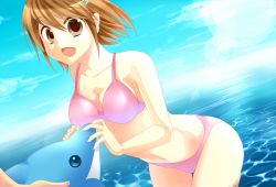 Rule 34 | 1girl, :d, bad id, bad pixiv id, bare arms, bare shoulders, bikini, brown eyes, brown hair, collarbone, dolphin, dutch angle, eyebrows, hair ornament, hairclip, inflatable toy, kazuki aoi, leaning forward, ocean, open mouth, original, outdoors, pink bikini, short hair, smile, solo focus, swimsuit, wading