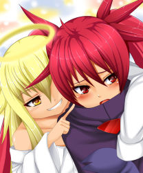 Rule 34 | 2girls, angelia avallone, aq interactive, arcana heart, arcana heart 2, arcana heart 3, atlus, blonde hair, cloak, examu, grin, halo, long hair, multiple girls, najaran (pixiv), red eyes, red hair, scharlachrot, sleeves past wrists, smile, twintails, yellow eyes