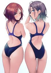 Rule 34 | 2girls, :t, absurdres, antenna hair, asakura toru, ass, bare arms, bare back, bare shoulders, blue eyes, blue one-piece swimsuit, blush, butt crack, competition swimsuit, ear piercing, hair ornament, hairclip, highres, higuchi madoka, idolmaster, idolmaster shiny colors, looking at viewer, looking back, multicolored hair, multiple girls, namake (nmk44300), one-piece swimsuit, piercing, pout, purple eyes, red hair, sidelocks, simple background, skindentation, smile, swimsuit, two-tone hair, white background
