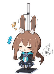 Rule 34 | +++, 1girl, :d, amiya (arknights), animal ear fluff, animal ears, arknights, beni shake, black jacket, black pantyhose, blue neckwear, blue skirt, blush, brown hair, center frills, chibi, closed eyes, commentary request, frills, jacket, long hair, long sleeves, no shoes, open clothes, open jacket, open mouth, pantyhose, pleated skirt, ponytail, rabbit ears, shadow, shirt, sidelocks, signature, skirt, smile, solo, stadiometer, standing, trembling, v-shaped eyebrows, very long hair, white background, white shirt