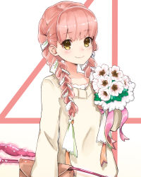 Rule 34 | 1girl, alternate hairstyle, arm at side, black legwear, blunt bangs, blush, bouquet, braid, carrying, casual, closed mouth, crossed legs, dress, eyebrows, fate/grand order, fate (series), flat chest, flower, hair over shoulder, hair ribbon, highres, hilo (joy hero), holding, holding bouquet, lace trim, light particles, long hair, long sleeves, looking at viewer, medb (fate), microdress, pilokey, pink footwear, pink hair, ribbon, ribbon braid, riding crop, shoes, smile, solo, sweater, sweater dress, twin braids, twintails, upper body, white background, white flower, yellow eyes