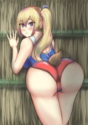 Rule 34 | 10s, 1girl, against wall, animal ears, ass, back, backboob, bare shoulders, bent over, blonde hair, blush, breasts, cameltoe, embarrassed, fake animal ears, fake tail, from behind, hair ribbon, hairband, highres, huge ass, kawakami mai, large breasts, leaning, leaning forward, leotard, long hair, looking at viewer, looking back, musaigen no phantom world, purple eyes, ribbon, shiny clothes, shiny skin, side ponytail, solo, tail, wavy mouth, zen cross