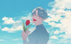 Rule 34 | ^ ^, backlighting, blue theme, closed eyes, cloud, collared shirt, day, fangs, flower, from behind, hair intakes, hands up, holding, holding flower, looking back, male focus, noise, open mouth, original, outdoors, parted bangs, sakishita senmu, shirt, short hair, sky, smile, solo, tulip, upper body, white hair, white shirt, wind
