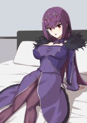 Rule 34 | 1girl, blush, breasts, cleavage, detached collar, dress, elfenlied22, fate/grand order, fate (series), fur-trimmed dress, fur trim, hair between eyes, highres, large breasts, leaning back, long hair, long sleeves, looking at viewer, on bed, open mouth, pantyhose, pillow, purple dress, purple hair, purple pantyhose, red eyes, scathach (fate), scathach skadi (fate), sitting, thighs, tiara