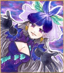 1girl 2zuz4hru black_gloves black_hair breasts china_dress chinese_clothes cleavage_cutout clothing_cutout commentary_request dress dutch_angle elbow_gloves flower food fruit fruit_print gloves grapes leaf long_hair mandarin_collar marker_(medium) medium_breasts parted_lips puffy_short_sleeves puffy_sleeves purple_background purple_dress purple_eyes purple_flower short_sleeves solo touhou traditional_media very_long_hair yomotsu_hisami