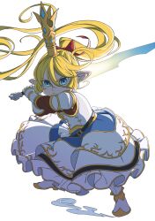 Rule 34 | 1girl, armor, armored boots, blonde hair, blue eyes, boots, bow, charlotta (granblue fantasy), commentary, dress, fighting stance, frilled dress, frills, frown, full body, gauntlets, granblue fantasy, hair bow, highres, holding, holding sword, holding weapon, long hair, long skirt, mefomefo, pointy ears, ponytail, red bow, serious, skirt, solo, sword, tall crown, v-shaped eyebrows, weapon