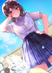 Rule 34 | &gt;:(, 1girl, blue skirt, blue sky, blush, breast pocket, breasts, brown hair, closed mouth, cloud, collared shirt, commentary request, day, dress shirt, dutch angle, hair between eyes, hand on own hip, hand up, highres, light frown, looking at viewer, original, outdoors, plaid, plaid skirt, pleated skirt, pocket, red eyes, see-through, shirt, short sleeves, skirt, sky, small breasts, solo, standing, tomozero, v-shaped eyebrows, water, wet, wet clothes, wet hair, wet shirt, white shirt