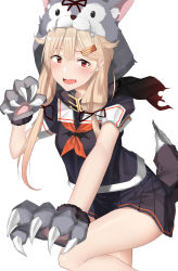 Rule 34 | 1girl, absurdres, animal hands, animal hood, bad id, bad pixiv id, black shirt, black skirt, blonde hair, cowboy shot, fangs, fur collar, gloves, hair flaps, hair ornament, hairclip, highres, hood, kantai collection, long hair, looking at viewer, miniskirt, neckerchief, open mouth, pallad, paw gloves, pleated skirt, red eyes, school uniform, shirt, short sleeves, simple background, skirt, solo, tail, thighs, white background, wolf hood, wolf tail, yuudachi (kancolle), yuudachi kai ni (kancolle)