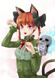 Rule 34 | 2girls, animal ears, bad id, bad pixiv id, braid, cat ears, cat girl, cat tail, emerane, extra ears, fangs, female focus, gradient background, halo, kaenbyou rin, looking at viewer, multiple girls, multiple tails, paw pose, purple eyes, red eyes, red hair, skull, smile, tail, touhou, twin braids, underbust, upper body, white background, zombie fairy (touhou)