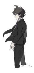 1boy, ahoge, arms at sides, asuna (doruru-mon), bangs, black jacket, black pants, collared shirt, commentary request, cropped legs, danganronpa (series), danganronpa 3 (anime), formal, from side, grey background, highres, hinata hajime, jacket, long sleeves, male focus, necktie, official alternate costume, pants, shirt, short hair, simple background, sketch, solo, spiked hair