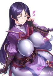 Rule 34 | 1girl, arm support, black gloves, bodysuit, breasts, covered erect nipples, covered navel, fate/grand order, fate (series), fingerless gloves, floral print, from above, gloves, heart, highres, impossible clothes, japanese clothes, large breasts, lips, long hair, looking to the side, minamoto no raikou (fate), okitakung, parted bangs, puffy nipples, purple bodysuit, purple hair, see-through, sitting, skin tight, smile, solo, spoken heart, very long hair