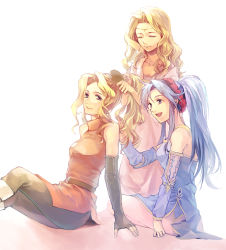 3girls blonde_hair brigid_(fire_emblem) circlet dress edain_(fire_emblem) closed_eyes fire_emblem fire_emblem:_genealogy_of_the_holy_war brushing_hair kaito_(sawayakasawaday) long_hair multiple_girls nintendo open_mouth ponytail purple_eyes purple_hair siblings side_slit sisters smile tailtiu_(fire_emblem) twins