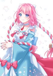 Rule 34 | 1girl, bell, blue eyes, blue nails, bow, braid, closed mouth, corrupted twitter file, hair bell, hair between eyes, hair ornament, highres, japanese clothes, long hair, long sleeves, multicolored hair, original, pink bow, pink hair, pink nails, pochimaru (marumaru wanwan), smile, white background