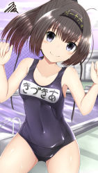 Rule 34 | 10s, 1girl, absurdres, akizuki (kancolle), bare arms, brown hair, collarbone, highres, kantai collection, masa masa, name tag, one-piece swimsuit, ponytail, pool, purple eyes, school swimsuit, short hair, smile, solo, swimsuit