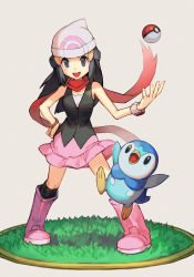 Rule 34 | 1girl, beanie, black eyes, black hair, creatures (company), dawn (pokemon), game freak, gen 4 pokemon, hair ornament, hairclip, hand on own hip, hand up, hat, hungry clicker, long hair, looking at viewer, nintendo, open mouth, piplup, pokemon, pokemon (creature), pokemon dppt, red scarf, scarf, shirt, shoes, skirt, vest, white headwear
