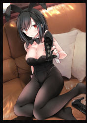 Rule 34 | 1girl, animal ears, bare arms, bare shoulders, black border, black bow, black bowtie, black hair, black hairband, black leotard, black pantyhose, blush, border, bow, bowtie, breasts, cleavage, closed mouth, collarbone, couch, detached collar, fake animal ears, hairband, high heels, highres, holding, holding clothes, holding footwear, large breasts, leotard, looking at viewer, on couch, oouso, original, pantyhose, pillow, playboy bunny, rabbit ears, red eyes, shoes, unworn shoes, short hair, sitting, solo, strapless, strapless leotard, thighs, wrist cuffs, yokozuwari