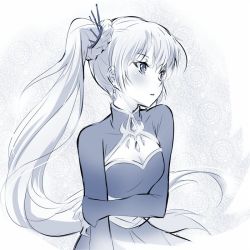Rule 34 | 1girl, blue dress, blue eyes, breasts, cleavage, cleavage cutout, clothing cutout, dress, earrings, female focus, gradient background, iesupa, jewelry, monochrome, rwby, solo, weiss schnee, white background, white hair