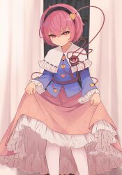 Rule 34 | 1girl, absurdres, black hairband, blue shirt, buttons, capelet, closed mouth, commentary request, feet out of frame, frilled capelet, frilled skirt, frilled sleeves, frills, hairband, heart, heart button, highres, komeiji satori, long sleeves, looking at viewer, pantyhose, pink eyes, pink hair, pink skirt, senzaicha kasukadoki, shirt, short hair, signature, skirt, skirt hold, solo, split mouth, third eye, touhou, white capelet, white pantyhose