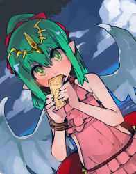 Rule 34 | 1girl, bare shoulders, bracelet, cloud, covering own mouth, dragon wings, fire emblem, fire emblem: mystery of the emblem, fire emblem heroes, green eyes, green hair, hair ribbon, highres, holding, holding money, jewelry, long hair, minmin (neko4339), money, nintendo, one-piece swimsuit, pink one-piece swimsuit, pointy ears, ponytail, red ribbon, ribbon, sky, solo, swimsuit, tiki (fire emblem), tiki (young) (fire emblem), wings