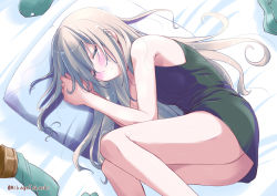 Rule 34 | 10s, 1girl, bed sheet, black dress, blonde hair, breasts, closed eyes, cropped jacket, dress, garrison cap, gloves, hat, kantai collection, long hair, lying, mikage takashi, on bed, on side, pillow, sleeping, small breasts, solo, twitter username, u-511 (kancolle), unworn gloves, unworn hat, unworn headwear, unworn thighhighs