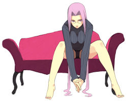 Rule 34 | 00s, 1girl, bad feet, bare legs, barefoot, black panties, breasts, couch, duplicate, facing viewer, fate/stay night, fate (series), feet, female focus, full body, glasses, large breasts, long hair, looking at viewer, medusa (fate), medusa (rider) (fate), nail polish, panties, simple background, sitting, solo, spread legs, square pupils, sweater, toenail polish, toenails, toes, underwear, very long hair, white background, yu 65026