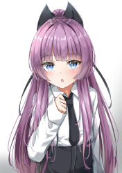 Rule 34 | 1girl, :o, absurdres, arm up, azur lane, black necktie, black shorts, blue eyes, blush, commentary request, expressionless, gradient background, hair ribbon, highres, long hair, looking at viewer, moyoron, necktie, open mouth, ponytail, purple hair, ribbon, shirt, short shorts, shorts, solo, suspender shorts, suspenders, tashkent (azur lane), tashkent (the bound cruiser) (azur lane), white shirt