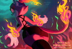 Rule 34 | 2023, alternate costume, animal ears, animal nose, artist name, ass, back, back cutout, backlighting, black dress, black thighhighs, blaze the cat, breasts, burning, castle, cat ears, cat girl, cat tail, claw pose, claws, clothing cutout, cloud, cloudy sky, commentary, cowboy shot, crazy eyes, crazy smile, dress, dutch angle, english commentary, english text, female focus, fingernails, fire, forehead jewel, from behind, from below, furry, furry female, glowing, glowing eyes, green sky, hairband, huge ass, long eyelashes, looking at viewer, looking back, medium breasts, night, outdoors, panties, ponytail, purple panties, pyrokinesis, runny makeup, sega, serious, sharp fingernails, sharp teeth, side slit, sideboob, skeleion, sky, smile, solo, sonic (series), sonic rush, tail, teeth, thick thighs, thighhighs, thighs, underwear, wide hips