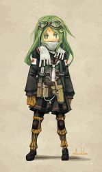 Rule 34 | 10s, 1girl, alternate costume, asterisk kome, covered mouth, crescent, crescent hair ornament, full body, gloves, goggles, goggles on head, green eyes, green hair, gun, hair ornament, holster, japanese flag, kantai collection, long hair, long sleeves, nagatsuki (kancolle), pleated skirt, scarf, skirt, solo, standing, twitter username, weapon
