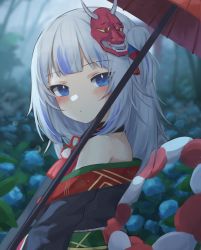 Rule 34 | 1girl, absurdres, animal ears, bare shoulders, blue eyes, blue hair, blunt bangs, blush, cosplay, flower, gawr gura, highres, hololive, hololive english, japanese clothes, kimono, klaius, long hair, looking at viewer, mask, multicolored hair, nakiri ayame, nakiri ayame (1st costume), nakiri ayame (cosplay), off shoulder, oil-paper umbrella, oni mask, outdoors, side ponytail, solo, streaked hair, umbrella, virtual youtuber, white hair